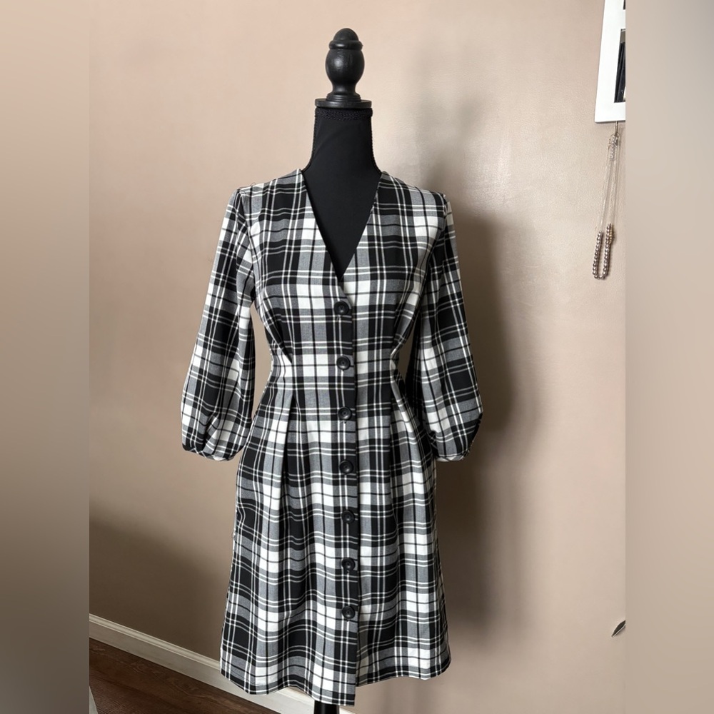 MANGO MNG Casual black & white checked midi dress button down front NWOT sz S - Picture 2 of 14